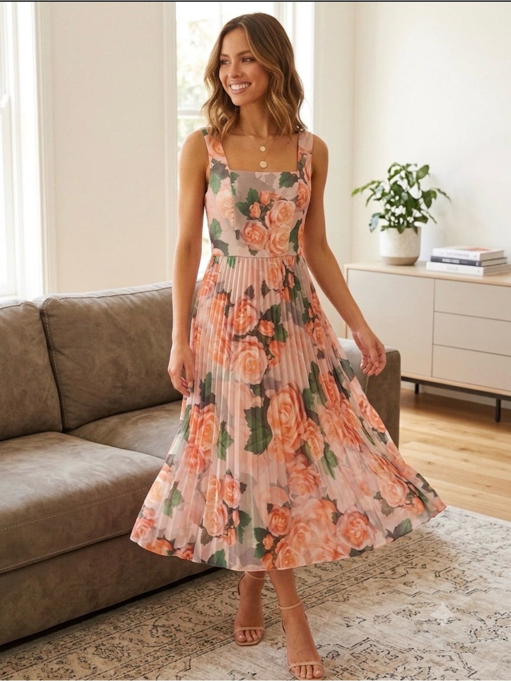 Chi Chi London Floral Pleated Maxi Dress - Size US 8 in Peach Rose